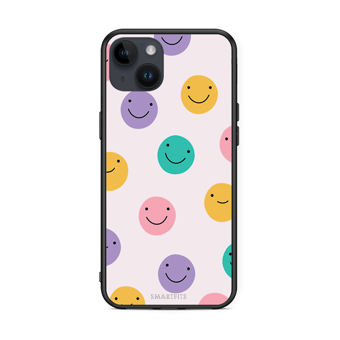 iPhone 15 Plus Smiley Faces θήκη από τη Smartfits με σχέδιο στο πίσω μέρος και μαύρο περίβλημα | Smartphone case with colorful back and black bezels by Smartfits