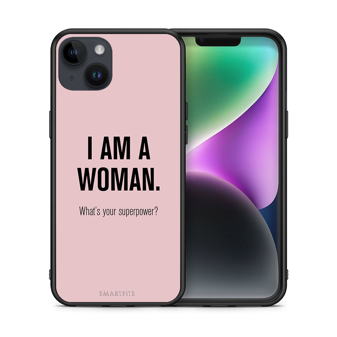 Θήκη iPhone 14 Plus Superpower Woman από τη Smartfits με σχέδιο στο πίσω μέρος και μαύρο περίβλημα | iPhone 14 Plus Superpower Woman case with colorful back and black bezels