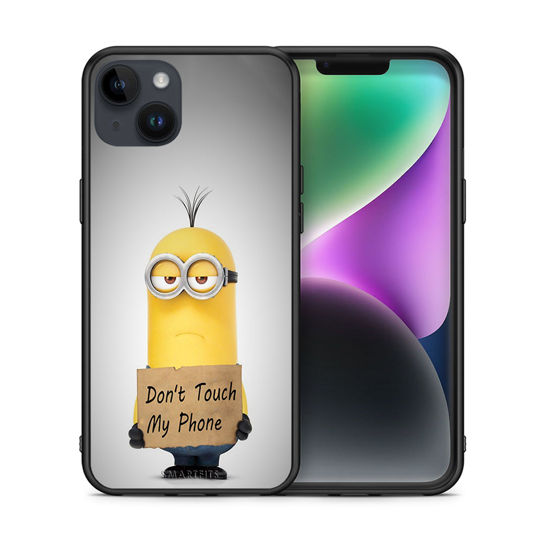 Θήκη iPhone 15 Plus Minion Text από τη Smartfits με σχέδιο στο πίσω μέρος και μαύρο περίβλημα | iPhone 15 Plus Minion Text case with colorful back and black bezels