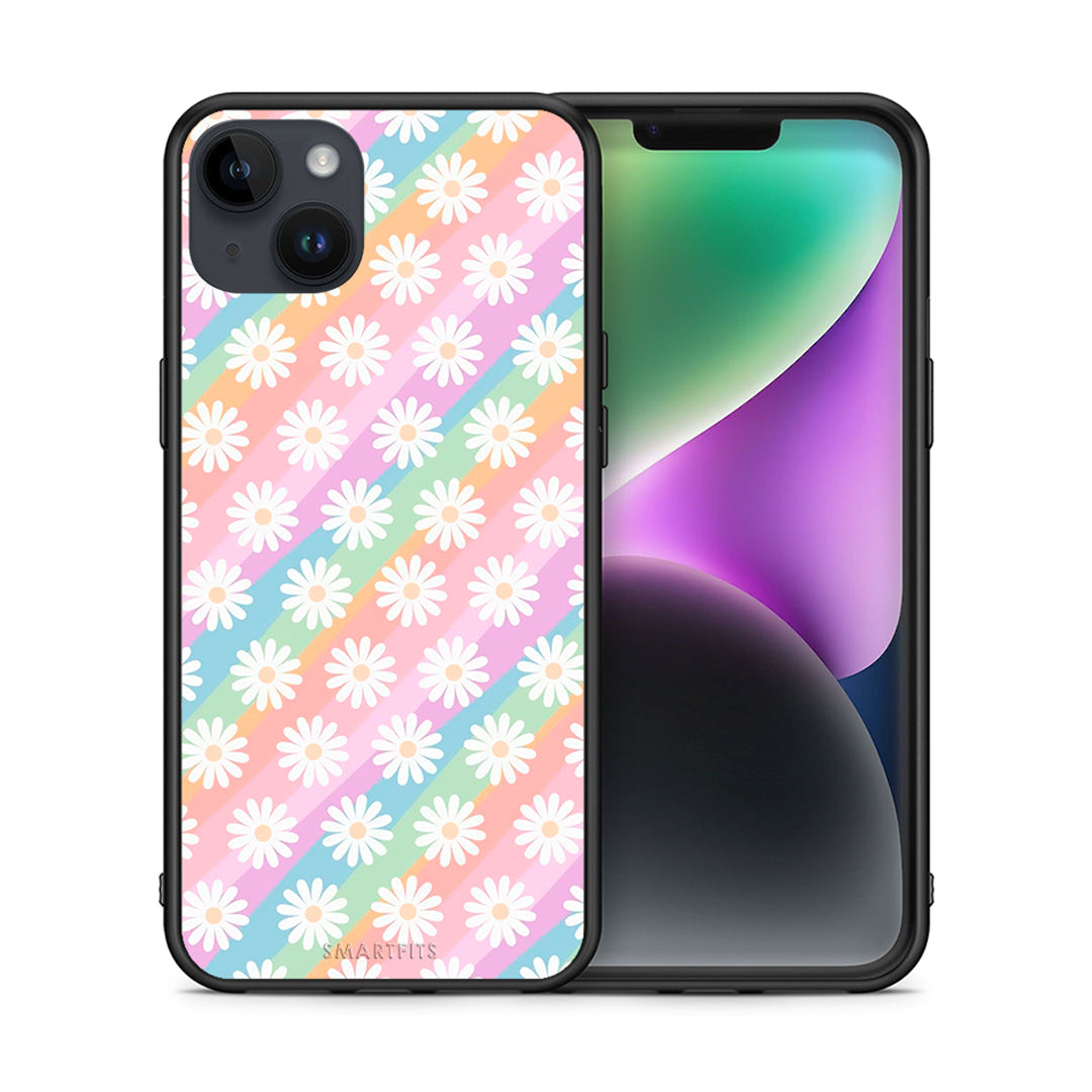 Θήκη iPhone 15 Plus White Daisies από τη Smartfits με σχέδιο στο πίσω μέρος και μαύρο περίβλημα | iPhone 15 Plus White Daisies case with colorful back and black bezels