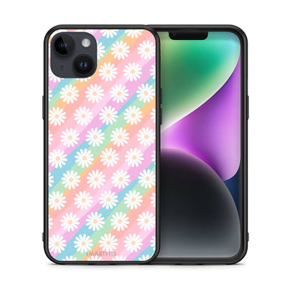 Θήκη iPhone 15 Plus White Daisies από τη Smartfits με σχέδιο στο πίσω μέρος και μαύρο περίβλημα | iPhone 15 Plus White Daisies case with colorful back and black bezels