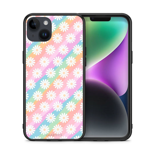 Θήκη iPhone 15 Plus White Daisies από τη Smartfits με σχέδιο στο πίσω μέρος και μαύρο περίβλημα | iPhone 15 Plus White Daisies case with colorful back and black bezels