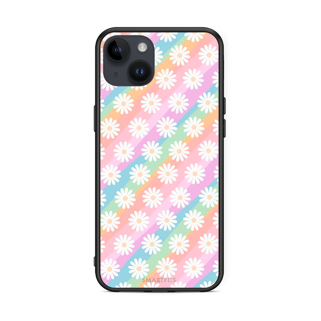 iPhone 15 Plus White Daisies θήκη από τη Smartfits με σχέδιο στο πίσω μέρος και μαύρο περίβλημα | Smartphone case with colorful back and black bezels by Smartfits