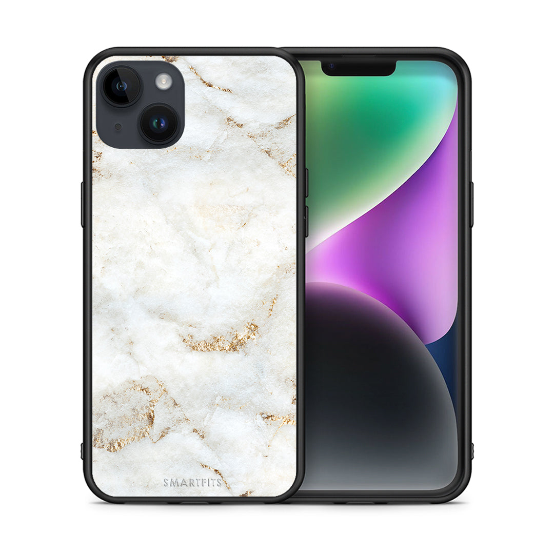 Θήκη iPhone 15 Plus White Gold Marble από τη Smartfits με σχέδιο στο πίσω μέρος και μαύρο περίβλημα | iPhone 15 Plus White Gold Marble case with colorful back and black bezels