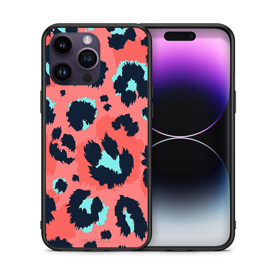 Θήκη iPhone 14 Pro Pink Leopard Animal από τη Smartfits με σχέδιο στο πίσω μέρος και μαύρο περίβλημα | iPhone 14 Pro Pink Leopard Animal case with colorful back and black bezels