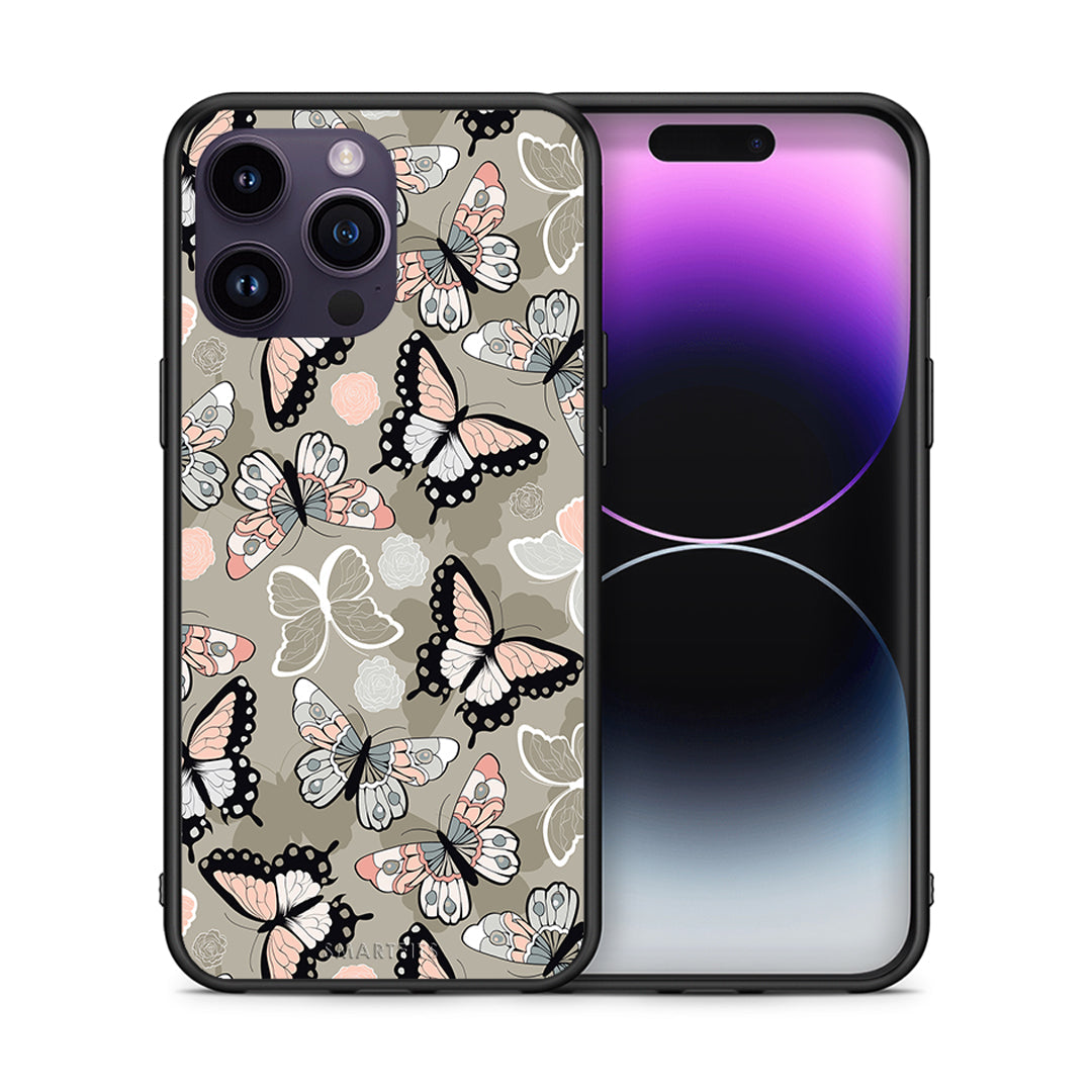 Θήκη iPhone 14 Pro Butterflies Boho από τη Smartfits με σχέδιο στο πίσω μέρος και μαύρο περίβλημα | iPhone 14 Pro Butterflies Boho case with colorful back and black bezels