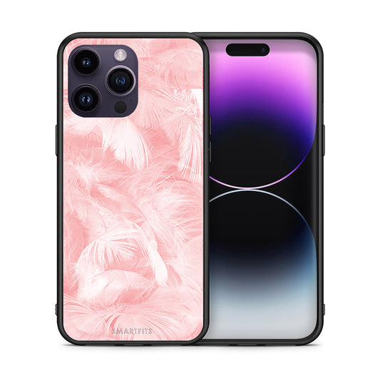 Θήκη iPhone 15 Pro Pink Feather Boho από τη Smartfits με σχέδιο στο πίσω μέρος και μαύρο περίβλημα | iPhone 15 Pro Pink Feather Boho case with colorful back and black bezels