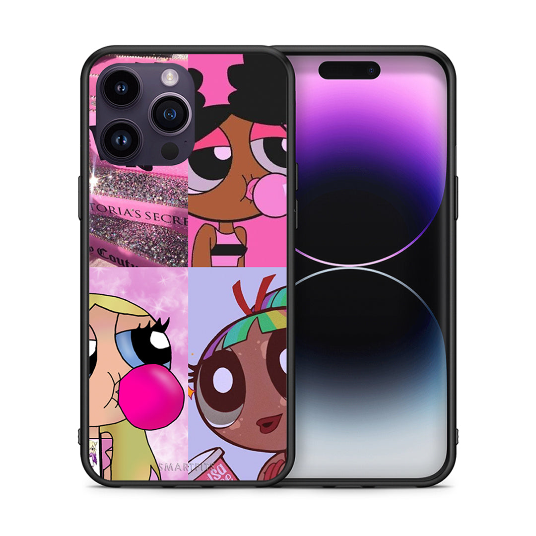 Θήκη Αγίου Βαλεντίνου iPhone 14 Pro Bubble Girls από τη Smartfits με σχέδιο στο πίσω μέρος και μαύρο περίβλημα | iPhone 14 Pro Bubble Girls case with colorful back and black bezels