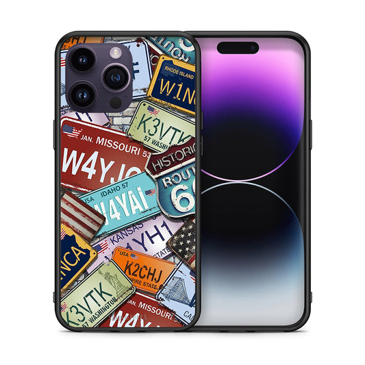 Θήκη iPhone 15 Pro Car Plates από τη Smartfits με σχέδιο στο πίσω μέρος και μαύρο περίβλημα | iPhone 15 Pro Car Plates case with colorful back and black bezels