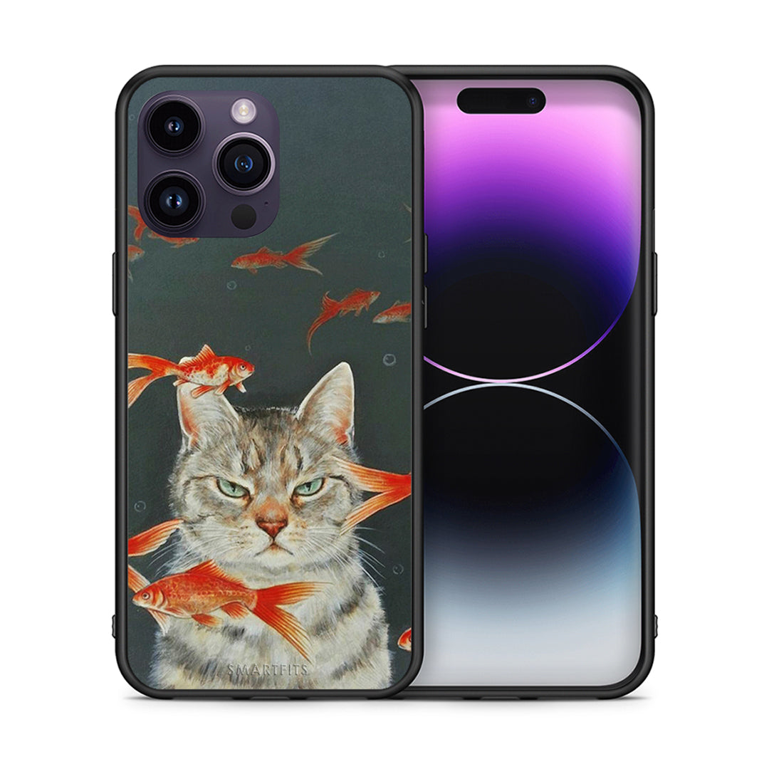 Θήκη iPhone 14 Pro Cat Goldfish από τη Smartfits με σχέδιο στο πίσω μέρος και μαύρο περίβλημα | iPhone 14 Pro Cat Goldfish case with colorful back and black bezels