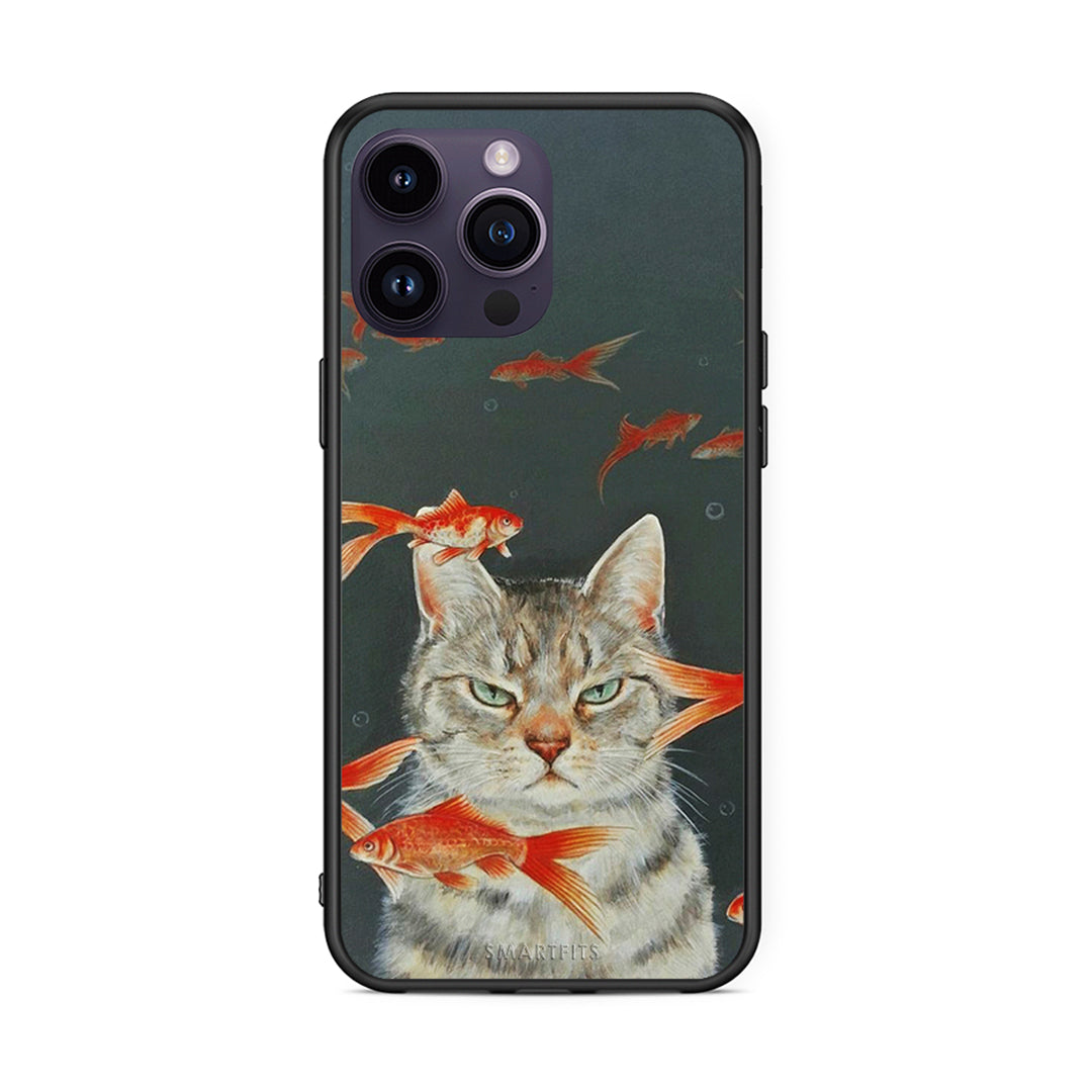 iPhone 15 Pro Cat Goldfish θήκη από τη Smartfits με σχέδιο στο πίσω μέρος και μαύρο περίβλημα | Smartphone case with colorful back and black bezels by Smartfits