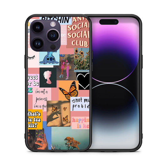 Θήκη Αγίου Βαλεντίνου iPhone 15 Pro Collage Bitchin από τη Smartfits με σχέδιο στο πίσω μέρος και μαύρο περίβλημα | iPhone 15 Pro Collage Bitchin case with colorful back and black bezels