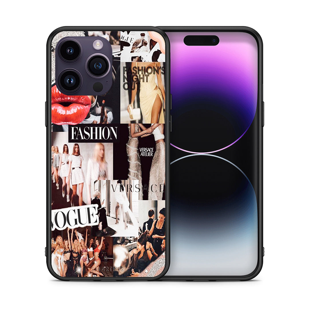 Θήκη Αγίου Βαλεντίνου iPhone 15 Pro Collage Fashion από τη Smartfits με σχέδιο στο πίσω μέρος και μαύρο περίβλημα | iPhone 15 Pro Collage Fashion case with colorful back and black bezels