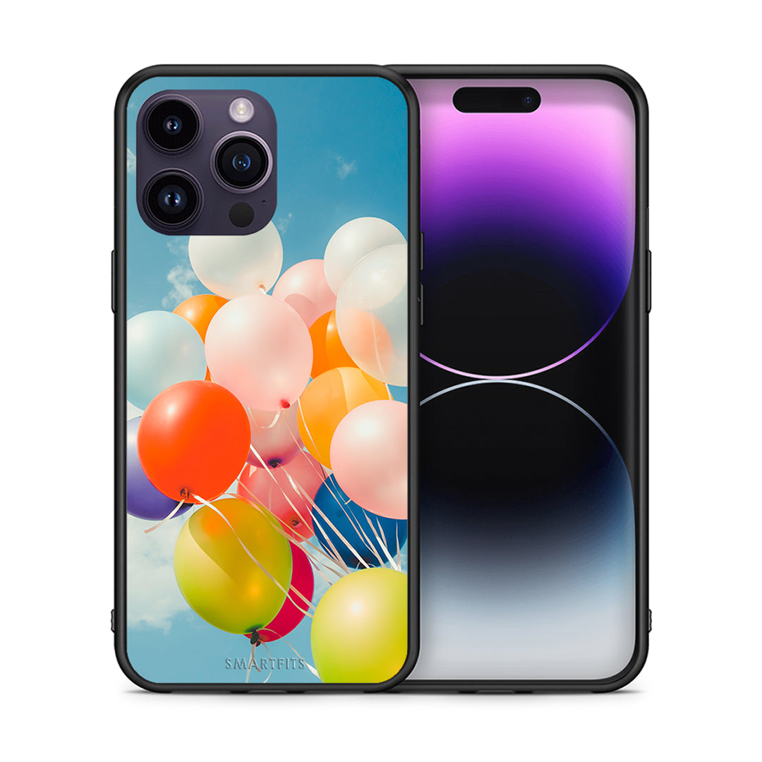 Θήκη iPhone 14 Pro Colorful Balloons από τη Smartfits με σχέδιο στο πίσω μέρος και μαύρο περίβλημα | iPhone 14 Pro Colorful Balloons case with colorful back and black bezels