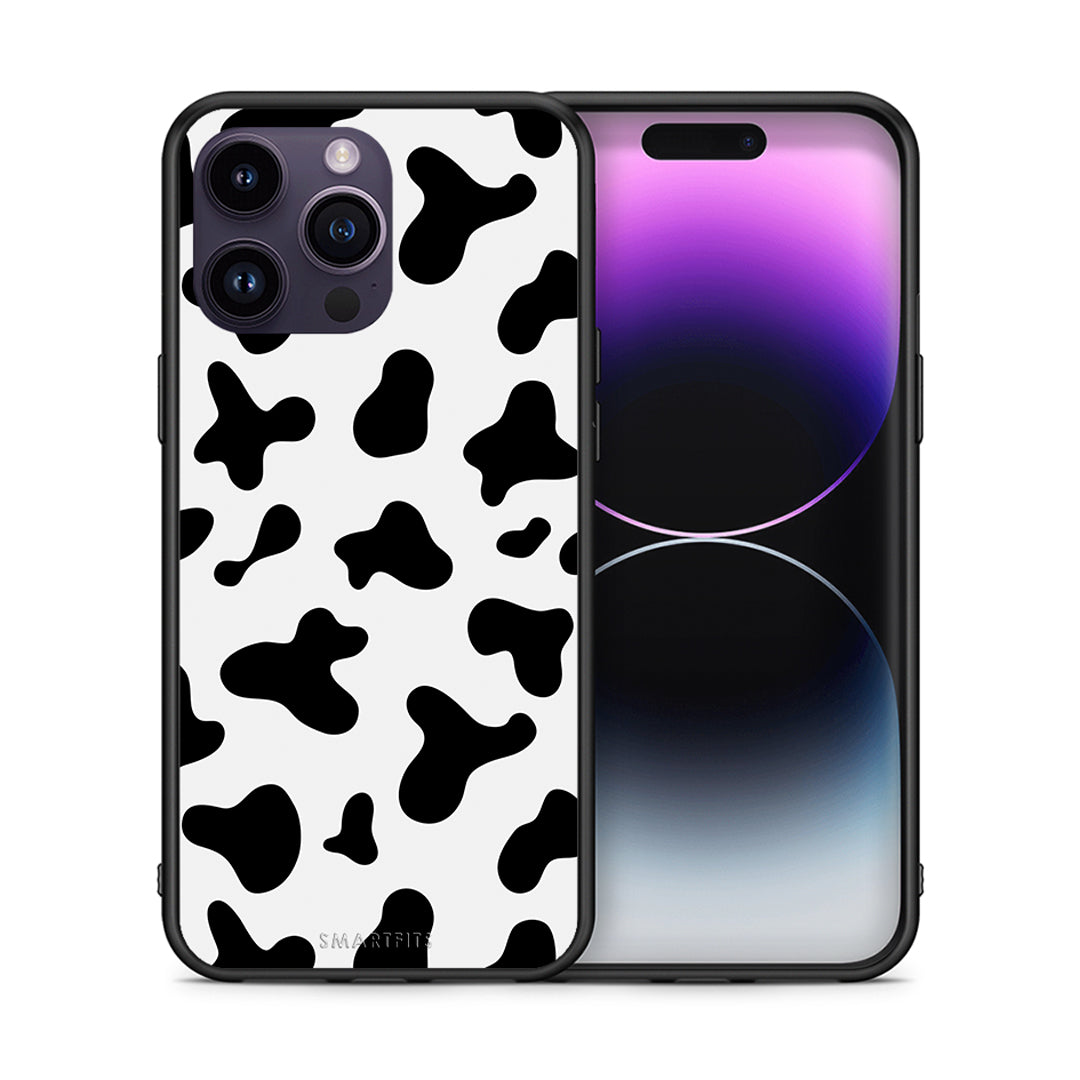 Θήκη iPhone 15 Pro Cow Print από τη Smartfits με σχέδιο στο πίσω μέρος και μαύρο περίβλημα | iPhone 15 Pro Cow Print case with colorful back and black bezels