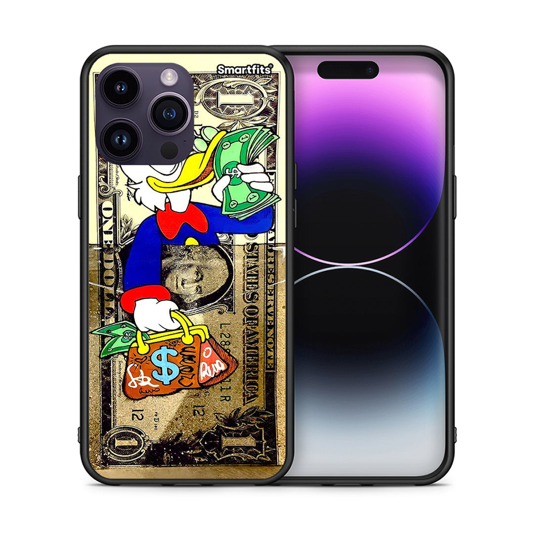 Θήκη iPhone 15 Pro Duck Money από τη Smartfits με σχέδιο στο πίσω μέρος και μαύρο περίβλημα | iPhone 15 Pro Duck Money case with colorful back and black bezels