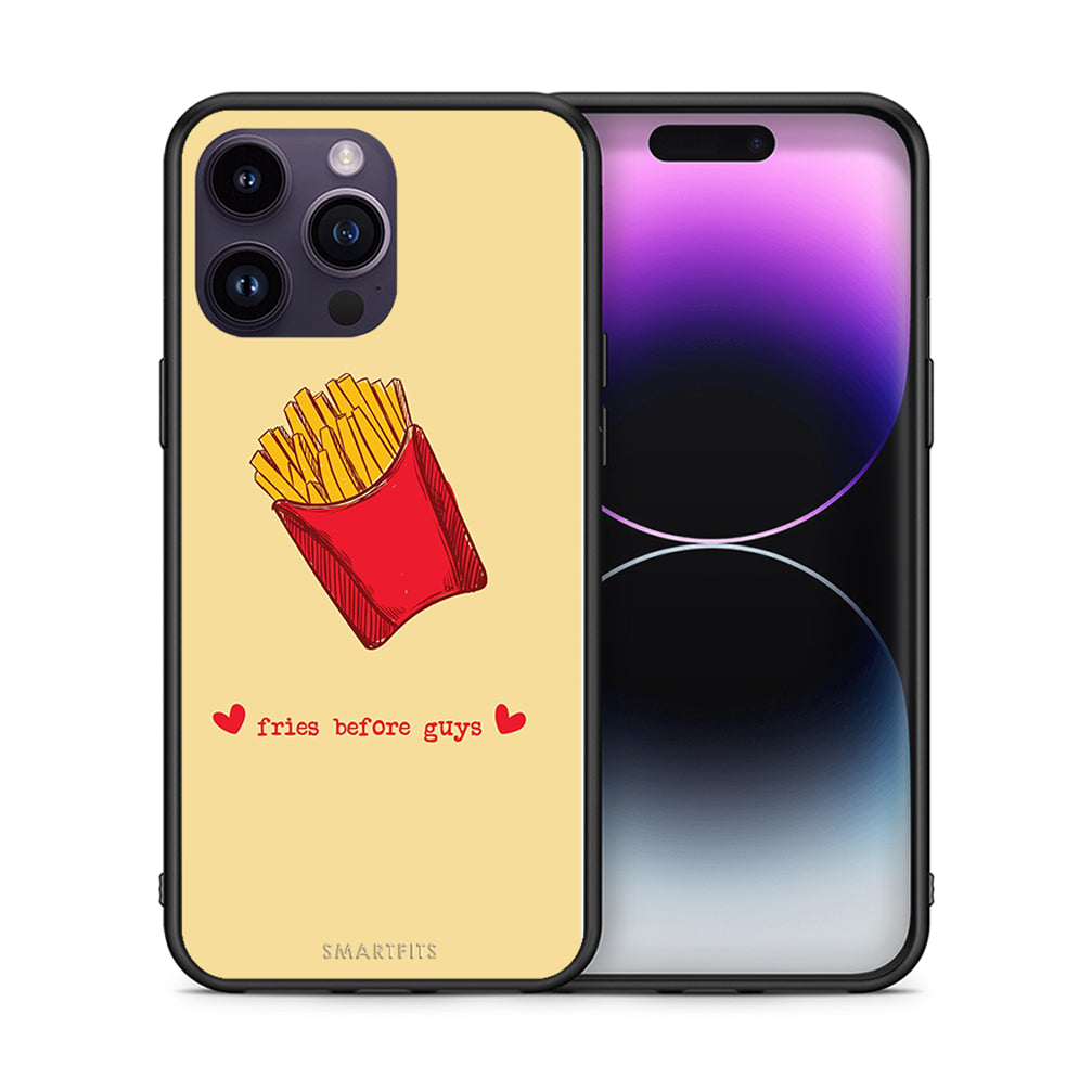 Θήκη Αγίου Βαλεντίνου iPhone 14 Pro Fries Before Guys από τη Smartfits με σχέδιο στο πίσω μέρος και μαύρο περίβλημα | iPhone 14 Pro Fries Before Guys case with colorful back and black bezels