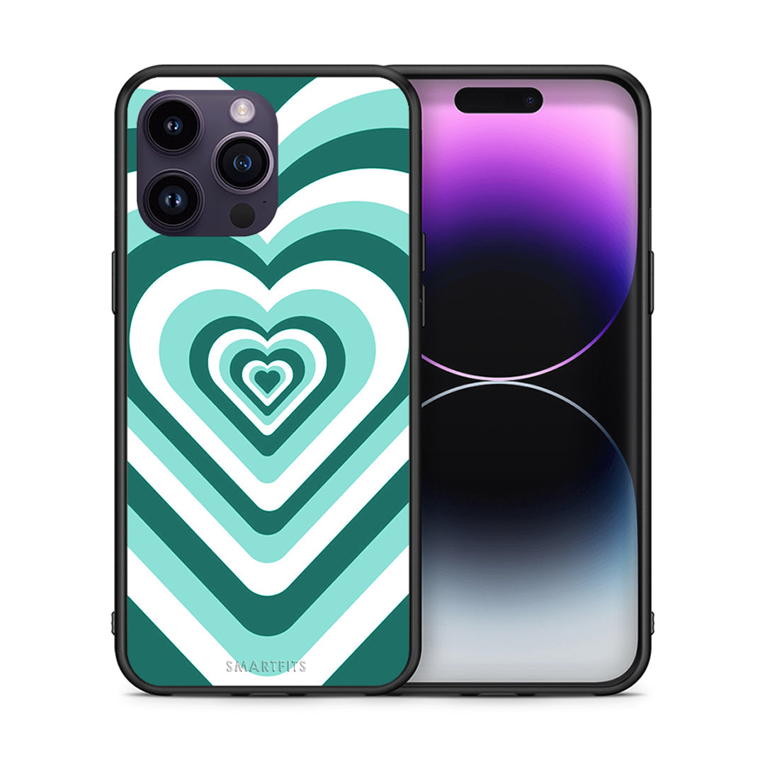 Θήκη iPhone 14 Pro Green Hearts από τη Smartfits με σχέδιο στο πίσω μέρος και μαύρο περίβλημα | iPhone 14 Pro Green Hearts case with colorful back and black bezels