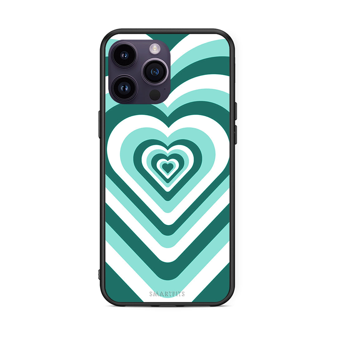 iPhone 15 Pro Green Hearts θήκη από τη Smartfits με σχέδιο στο πίσω μέρος και μαύρο περίβλημα | Smartphone case with colorful back and black bezels by Smartfits