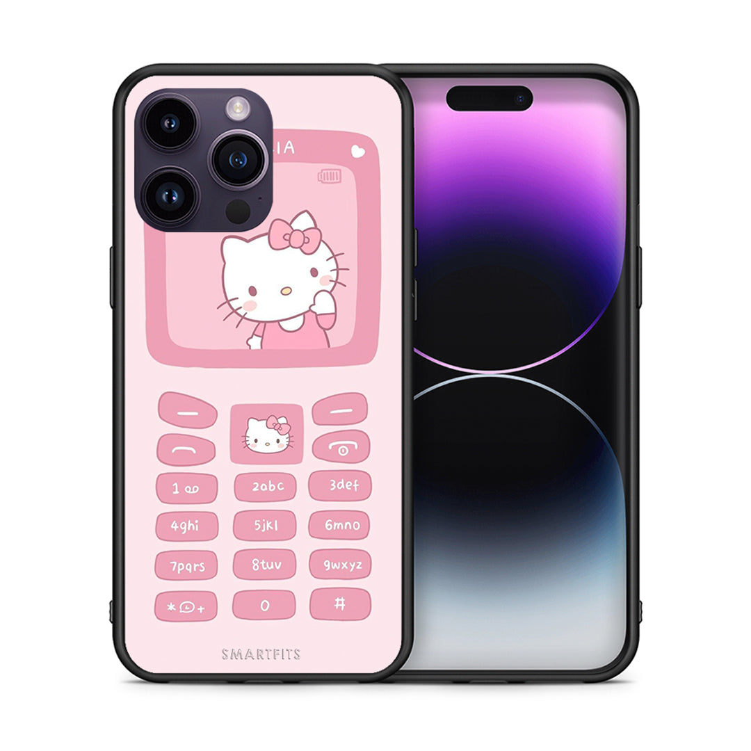 Θήκη Αγίου Βαλεντίνου iPhone 15 Pro Hello Kitten από τη Smartfits με σχέδιο στο πίσω μέρος και μαύρο περίβλημα | iPhone 15 Pro Hello Kitten case with colorful back and black bezels