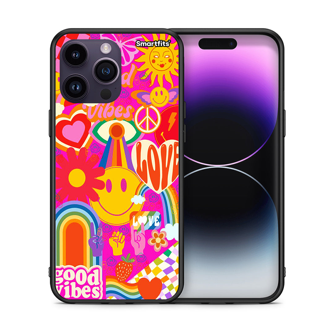Θήκη iPhone 14 Pro Hippie Love από τη Smartfits με σχέδιο στο πίσω μέρος και μαύρο περίβλημα | iPhone 14 Pro Hippie Love case with colorful back and black bezels
