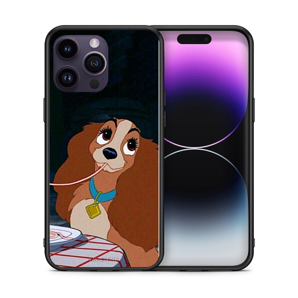 Θήκη Αγίου Βαλεντίνου iPhone 14 Pro Lady And Tramp 2 από τη Smartfits με σχέδιο στο πίσω μέρος και μαύρο περίβλημα | iPhone 14 Pro Lady And Tramp 2 case with colorful back and black bezels