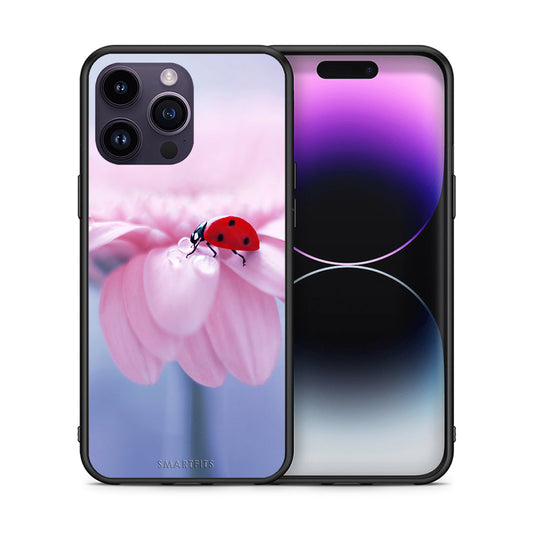 Θήκη iPhone 15 Pro Ladybug Flower από τη Smartfits με σχέδιο στο πίσω μέρος και μαύρο περίβλημα | iPhone 15 Pro Ladybug Flower case with colorful back and black bezels