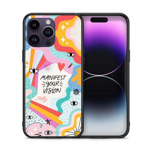 Θήκη iPhone 15 Pro Manifest Your Vision από τη Smartfits με σχέδιο στο πίσω μέρος και μαύρο περίβλημα | iPhone 15 Pro Manifest Your Vision case with colorful back and black bezels