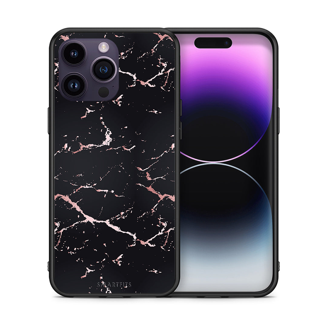 Θήκη iPhone 14 Pro Black Rosegold Marble από τη Smartfits με σχέδιο στο πίσω μέρος και μαύρο περίβλημα | iPhone 14 Pro Black Rosegold Marble case with colorful back and black bezels