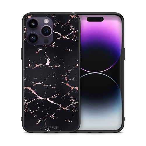 Θήκη iPhone 15 Pro Black Rosegold Marble από τη Smartfits με σχέδιο στο πίσω μέρος και μαύρο περίβλημα | iPhone 15 Pro Black Rosegold Marble case with colorful back and black bezels