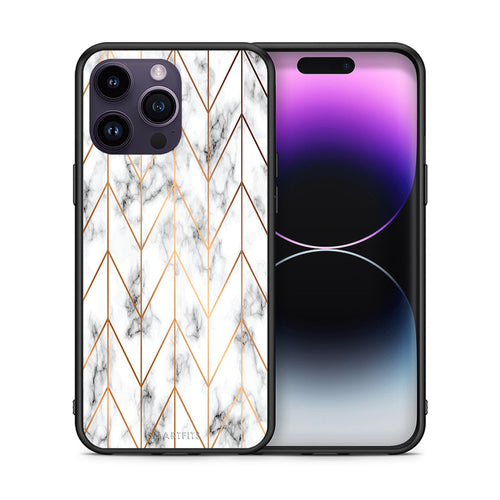 Θήκη iPhone 14 Pro Gold Geometric Marble από τη Smartfits με σχέδιο στο πίσω μέρος και μαύρο περίβλημα | iPhone 14 Pro Gold Geometric Marble case with colorful back and black bezels