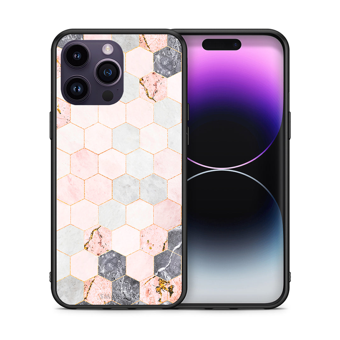 Θήκη iPhone 14 Pro Hexagon Pink Marble από τη Smartfits με σχέδιο στο πίσω μέρος και μαύρο περίβλημα | iPhone 14 Pro Hexagon Pink Marble case with colorful back and black bezels
