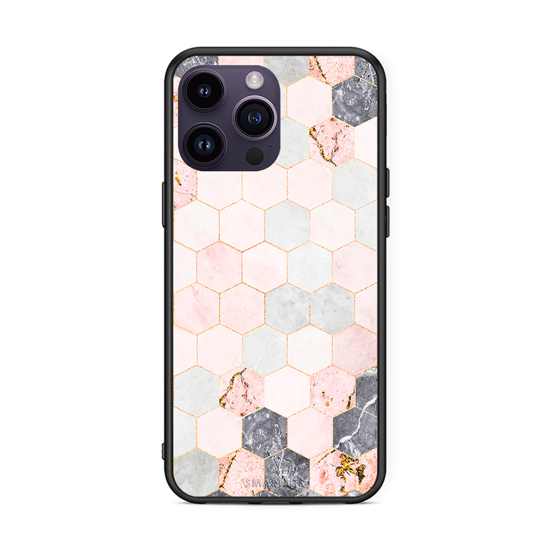 4 - iPhone 14 Pro Hexagon Pink Marble case, cover, bumper