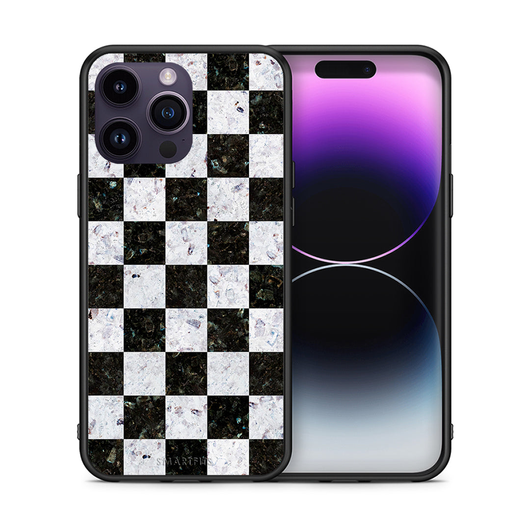 Θήκη iPhone 14 Pro Square Geometric Marble από τη Smartfits με σχέδιο στο πίσω μέρος και μαύρο περίβλημα | iPhone 14 Pro Square Geometric Marble case with colorful back and black bezels