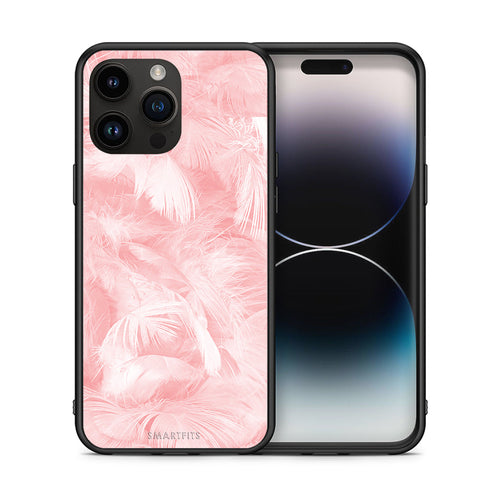Θήκη iPhone 15 Pro Max Pink Feather Boho από τη Smartfits με σχέδιο στο πίσω μέρος και μαύρο περίβλημα | iPhone 15 Pro Max Pink Feather Boho case with colorful back and black bezels