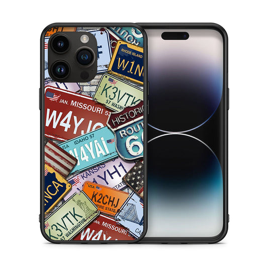 Θήκη iPhone 15 Pro Max Car Plates από τη Smartfits με σχέδιο στο πίσω μέρος και μαύρο περίβλημα | iPhone 15 Pro Max Car Plates case with colorful back and black bezels