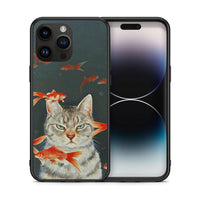 Thumbnail for Θήκη iPhone 15 Pro Max Cat Goldfish από τη Smartfits με σχέδιο στο πίσω μέρος και μαύρο περίβλημα | iPhone 15 Pro Max Cat Goldfish case with colorful back and black bezels