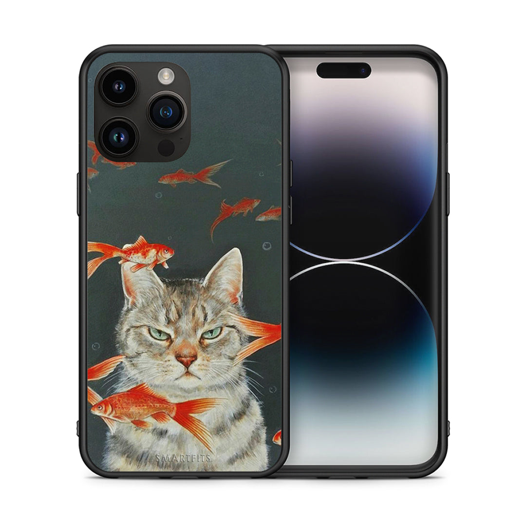 Θήκη iPhone 14 Pro Max Cat Goldfish από τη Smartfits με σχέδιο στο πίσω μέρος και μαύρο περίβλημα | iPhone 14 Pro Max Cat Goldfish case with colorful back and black bezels