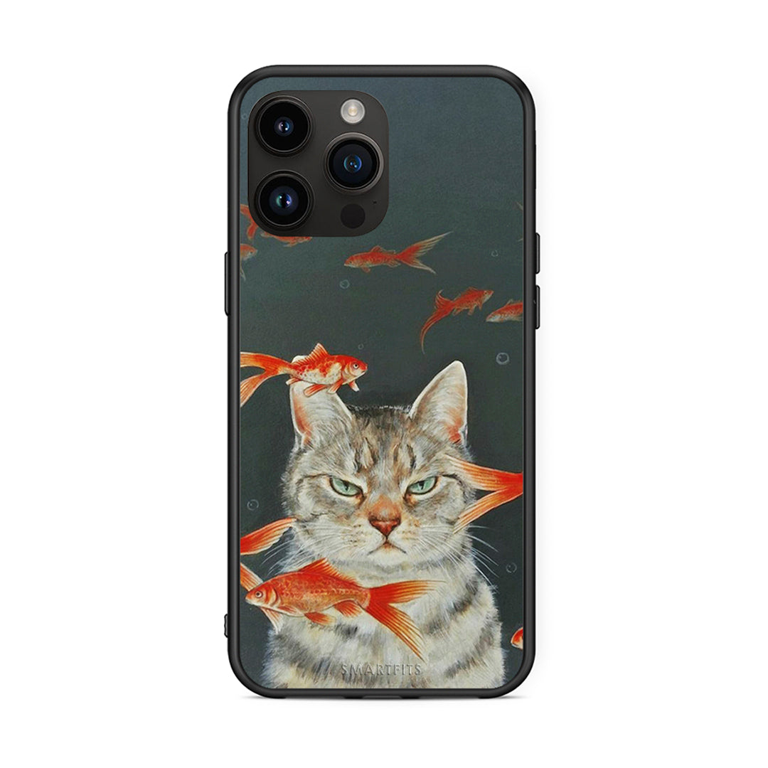 iPhone 14 Pro Max Cat Goldfish θήκη από τη Smartfits με σχέδιο στο πίσω μέρος και μαύρο περίβλημα | Smartphone case with colorful back and black bezels by Smartfits