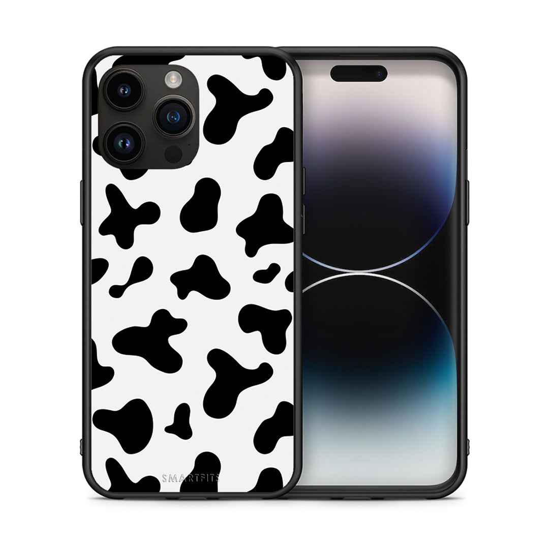 Θήκη iPhone 14 Pro Max Cow Print από τη Smartfits με σχέδιο στο πίσω μέρος και μαύρο περίβλημα | iPhone 14 Pro Max Cow Print case with colorful back and black bezels