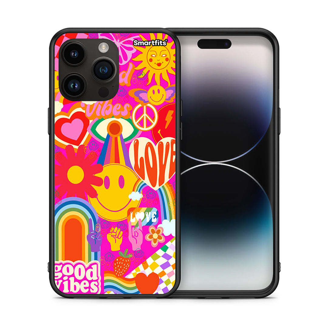 Θήκη iPhone 15 Pro Max Hippie Love από τη Smartfits με σχέδιο στο πίσω μέρος και μαύρο περίβλημα | iPhone 15 Pro Max Hippie Love case with colorful back and black bezels
