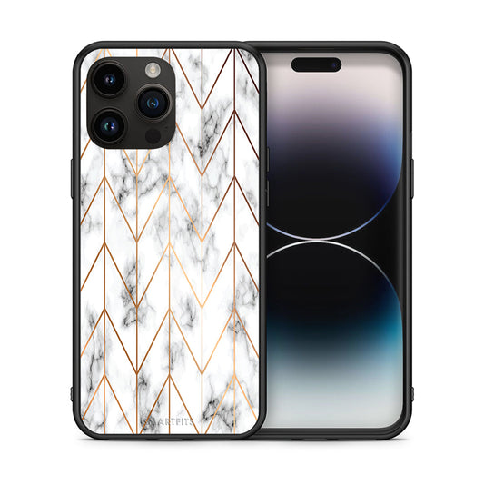Θήκη iPhone 15 Pro Max Gold Geometric Marble από τη Smartfits με σχέδιο στο πίσω μέρος και μαύρο περίβλημα | iPhone 15 Pro Max Gold Geometric Marble case with colorful back and black bezels