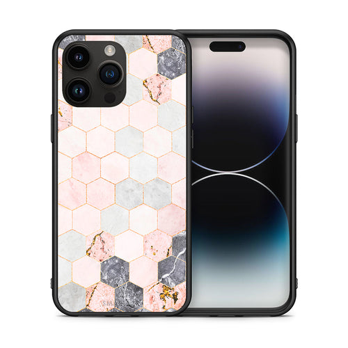 Θήκη iPhone 15 Pro Max Hexagon Pink Marble από τη Smartfits με σχέδιο στο πίσω μέρος και μαύρο περίβλημα | iPhone 15 Pro Max Hexagon Pink Marble case with colorful back and black bezels