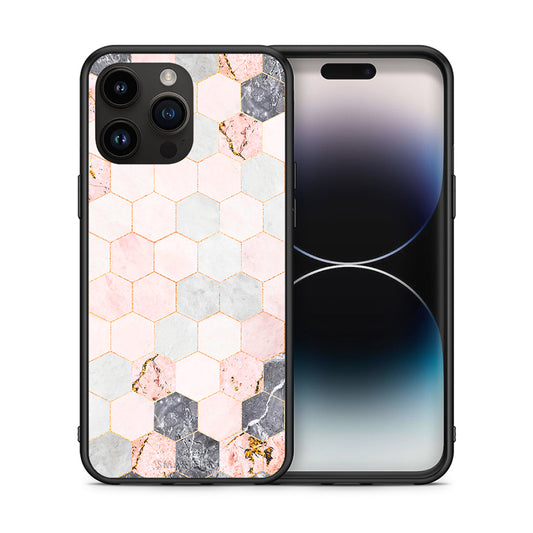 Θήκη iPhone 15 Pro Max Hexagon Pink Marble από τη Smartfits με σχέδιο στο πίσω μέρος και μαύρο περίβλημα | iPhone 15 Pro Max Hexagon Pink Marble case with colorful back and black bezels