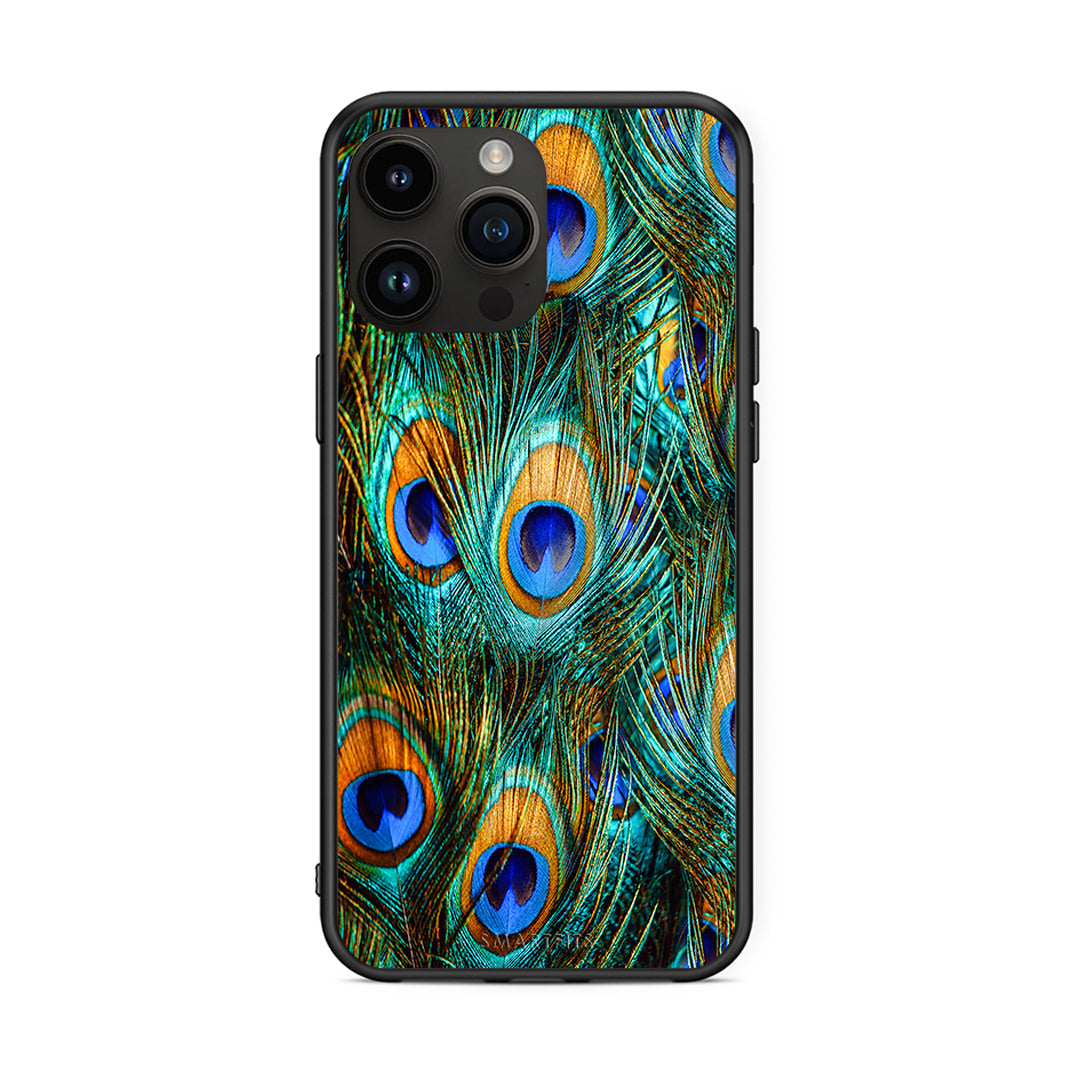iPhone 15 Pro Max Real Peacock Feathers θήκη από τη Smartfits με σχέδιο στο πίσω μέρος και μαύρο περίβλημα | Smartphone case with colorful back and black bezels by Smartfits
