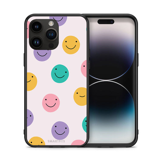 Θήκη iPhone 15 Pro Max Smiley Faces από τη Smartfits με σχέδιο στο πίσω μέρος και μαύρο περίβλημα | iPhone 15 Pro Max Smiley Faces case with colorful back and black bezels