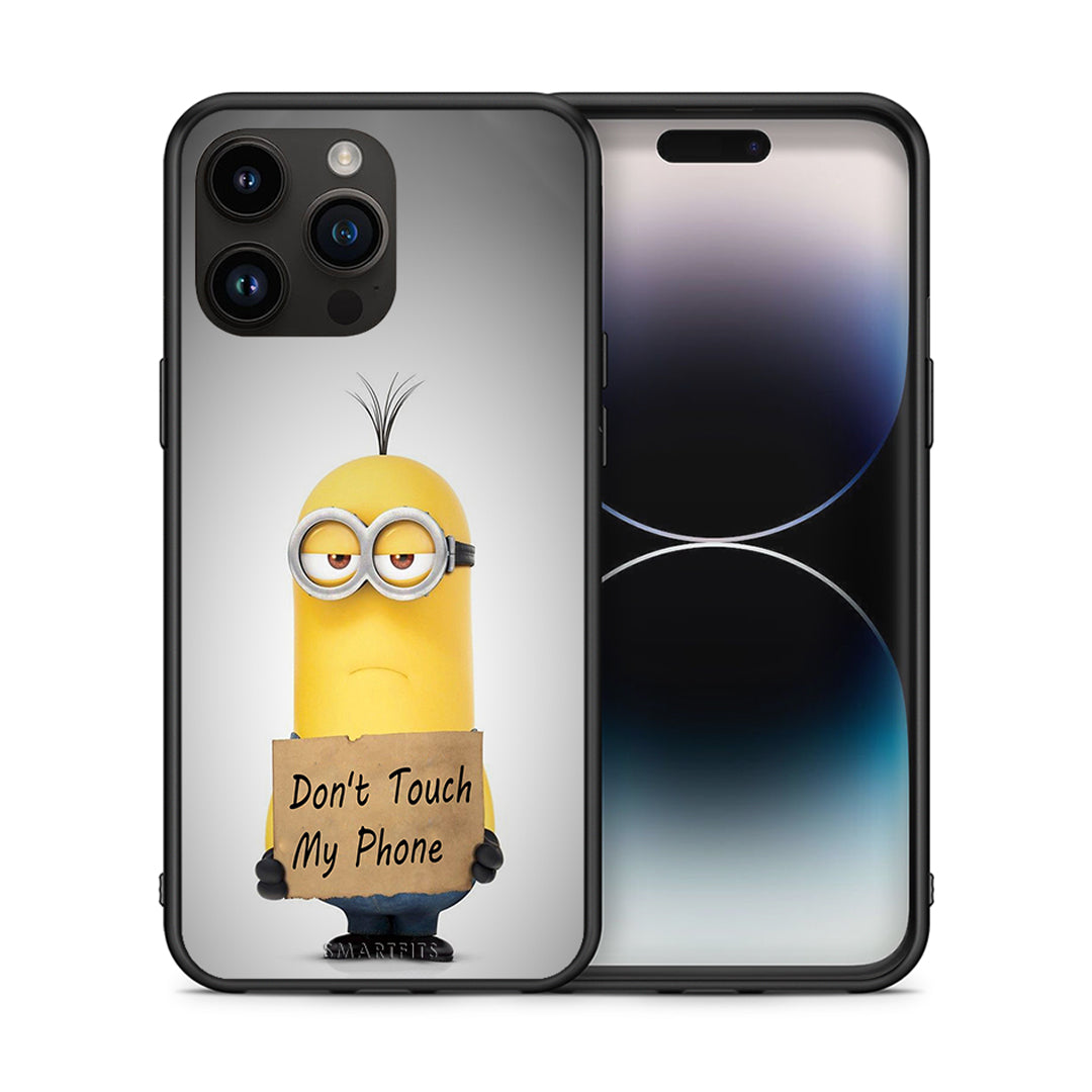 Θήκη iPhone 15 Pro Max Minion Text από τη Smartfits με σχέδιο στο πίσω μέρος και μαύρο περίβλημα | iPhone 15 Pro Max Minion Text case with colorful back and black bezels