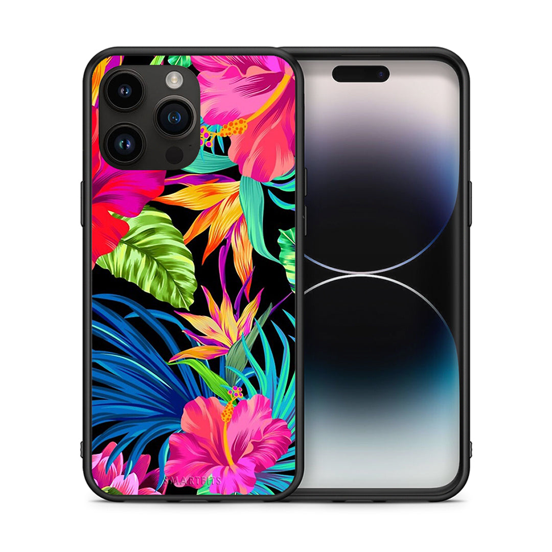 Θήκη iPhone 15 Pro Max Tropical Flowers από τη Smartfits με σχέδιο στο πίσω μέρος και μαύρο περίβλημα | iPhone 15 Pro Max Tropical Flowers case with colorful back and black bezels