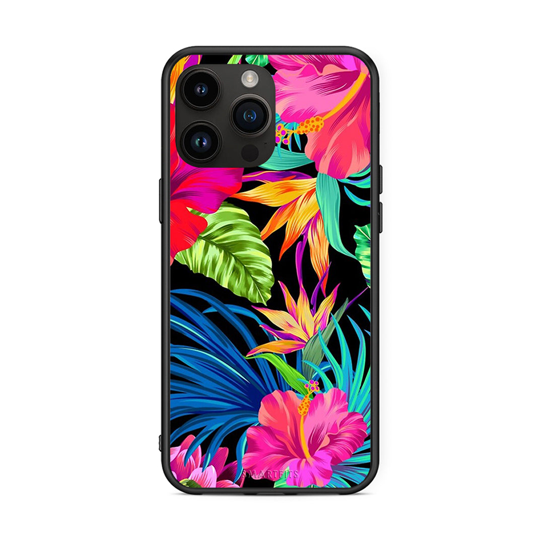 iPhone 14 Pro Max Tropical Flowers θήκη από τη Smartfits με σχέδιο στο πίσω μέρος και μαύρο περίβλημα | Smartphone case with colorful back and black bezels by Smartfits