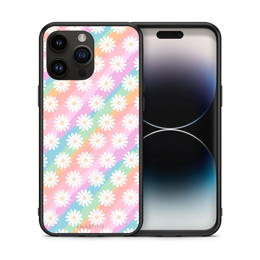 Θήκη iPhone 14 Pro Max White Daisies από τη Smartfits με σχέδιο στο πίσω μέρος και μαύρο περίβλημα | iPhone 14 Pro Max White Daisies case with colorful back and black bezels
